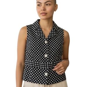 WORTH Polka Dot Button Down Vest Top Size 14 Sleeveless Navy White Retro